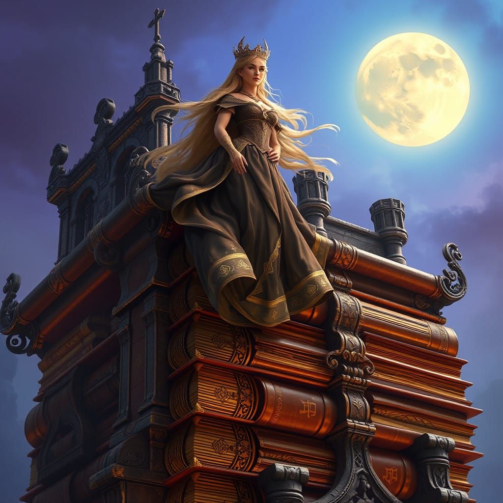 Golden Princess Descends from Tower of Ancient Tomes