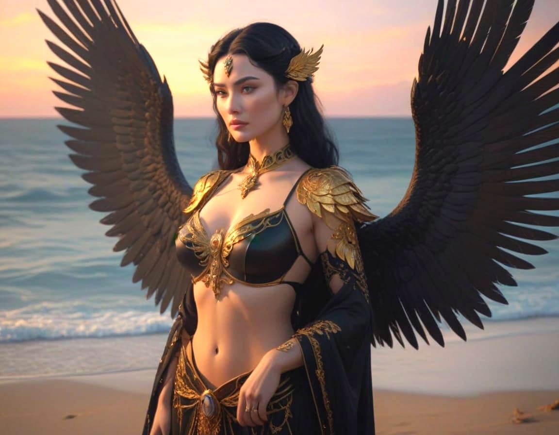 Winged Woman Ceremony at Twilight: Surrealist Oil Painting