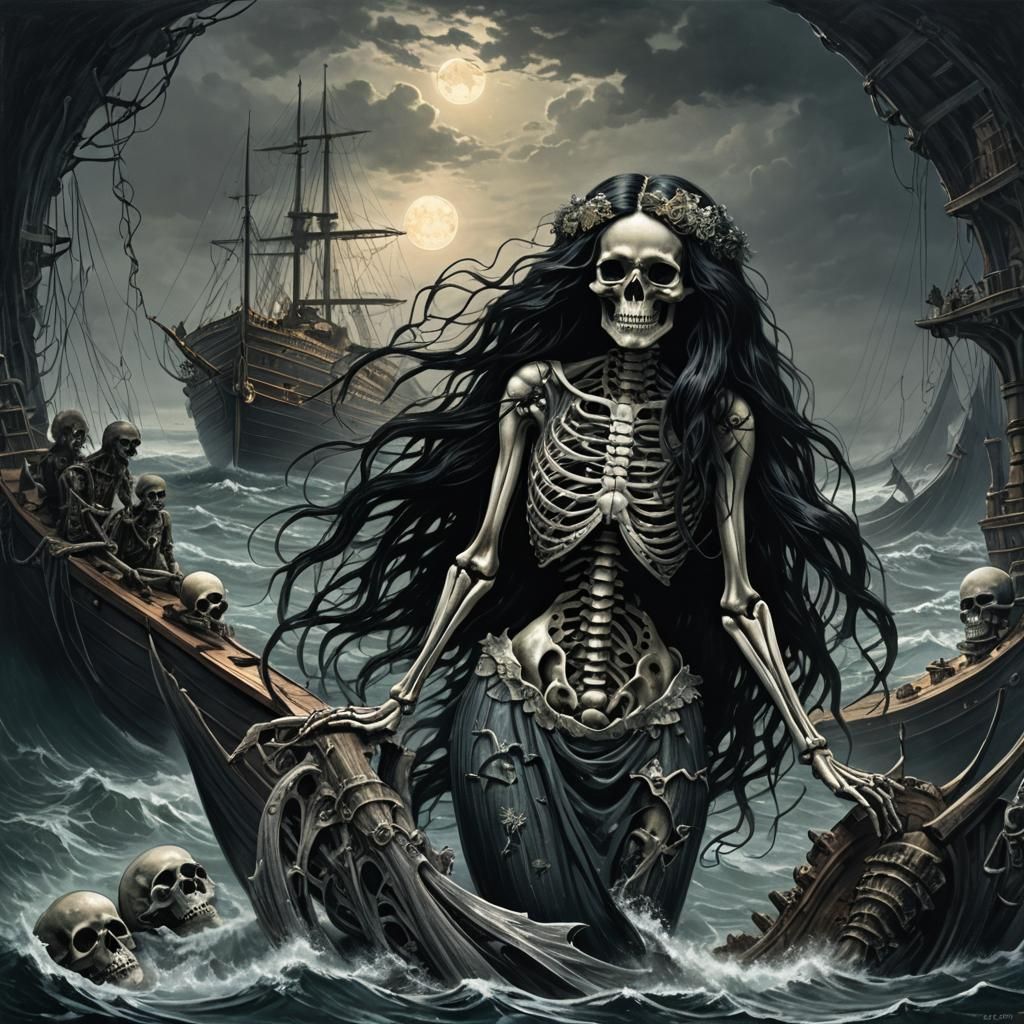 Titanic Skeleton Mermaid in Horror Art Style