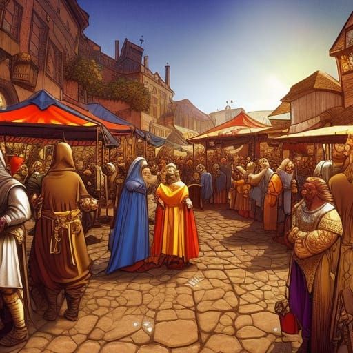 Lively Medieval Marketplace Scene in Renaissance Style
