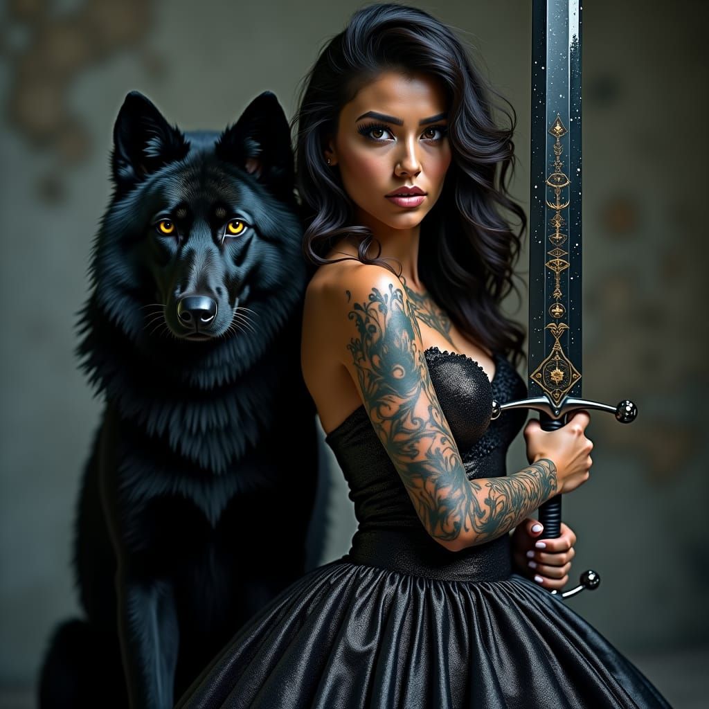 Hyper-Realistic Gothic Warrior in Dark Wedding Gown with Bla...