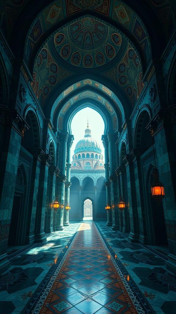 Majestic Persian Castle Fantasy Scene in Deep, Rich Colors