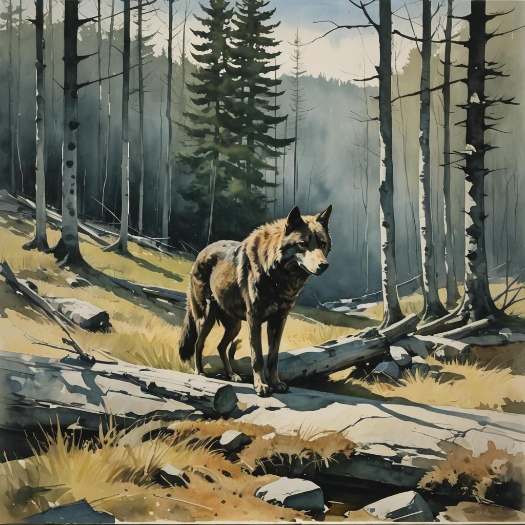 Lone Wolf Watercolor Painting in Gouache Style