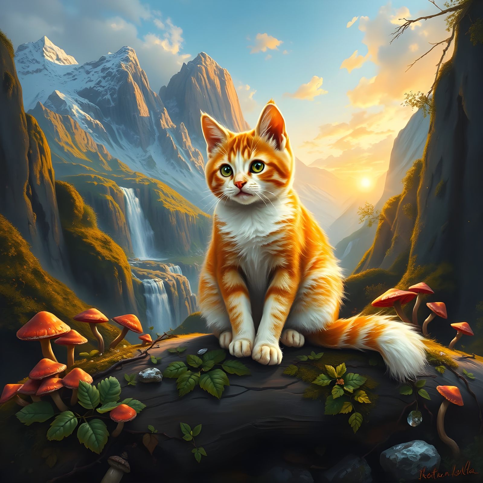 Tabby Cat's Mountain Dreamscape: Vibrant Oil Painting