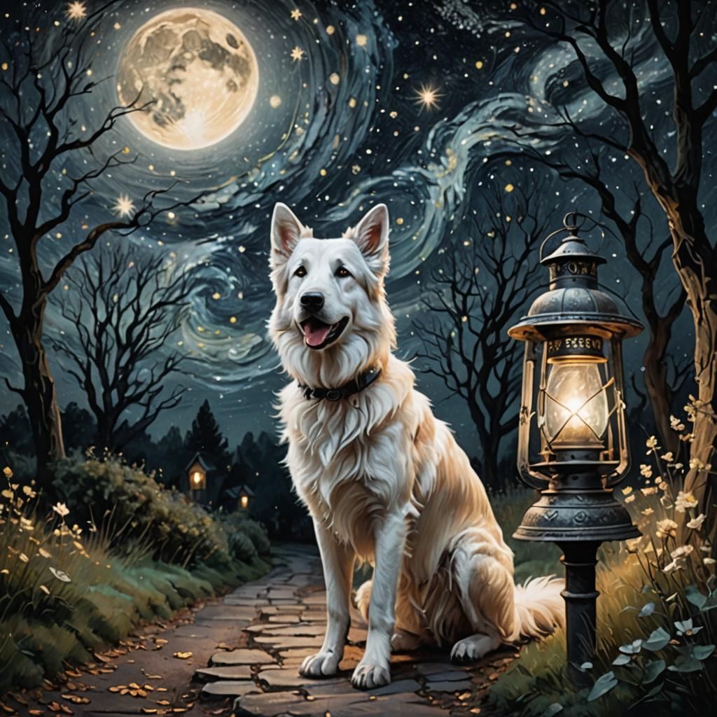 Lantern Lights a Starry Path for Woman and Dog