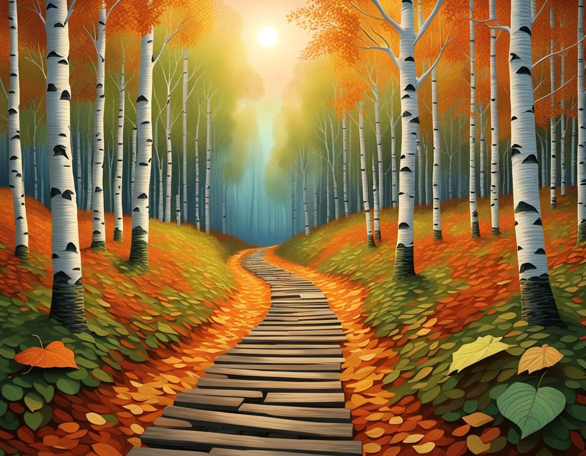 Birch Forest Path: Post-Impressionistic Appalachian Sunrise