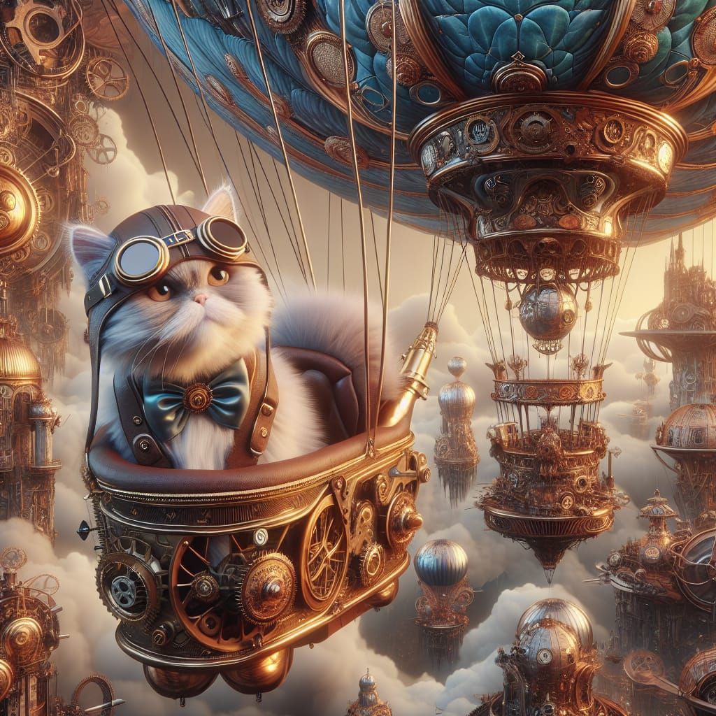 Steampunk Cat Piloting Ornate Air Balloon