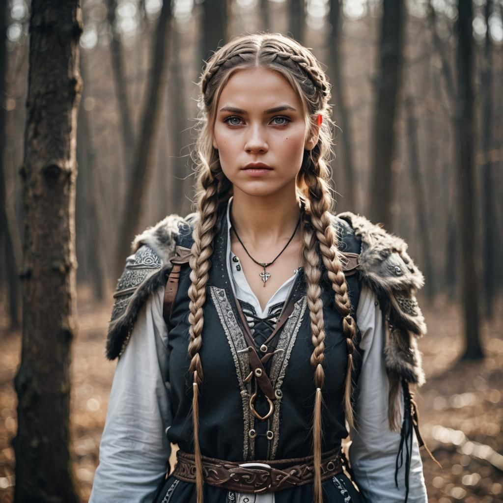 Slavic Warrior Woman with Braids in Natural Lighting