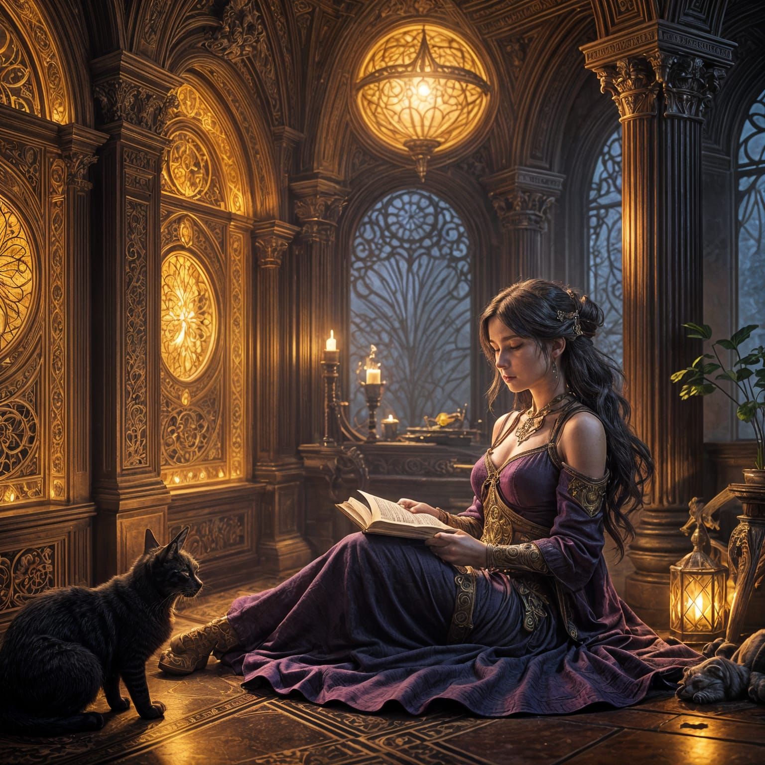Cozy Dark Fantasy Hall Scene with Sleeping Cat and Girl Read...