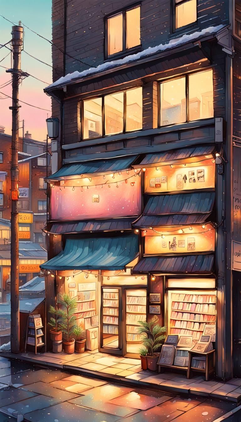 Cozy Japanese Street Scene at Sunset, Pastel Illustration