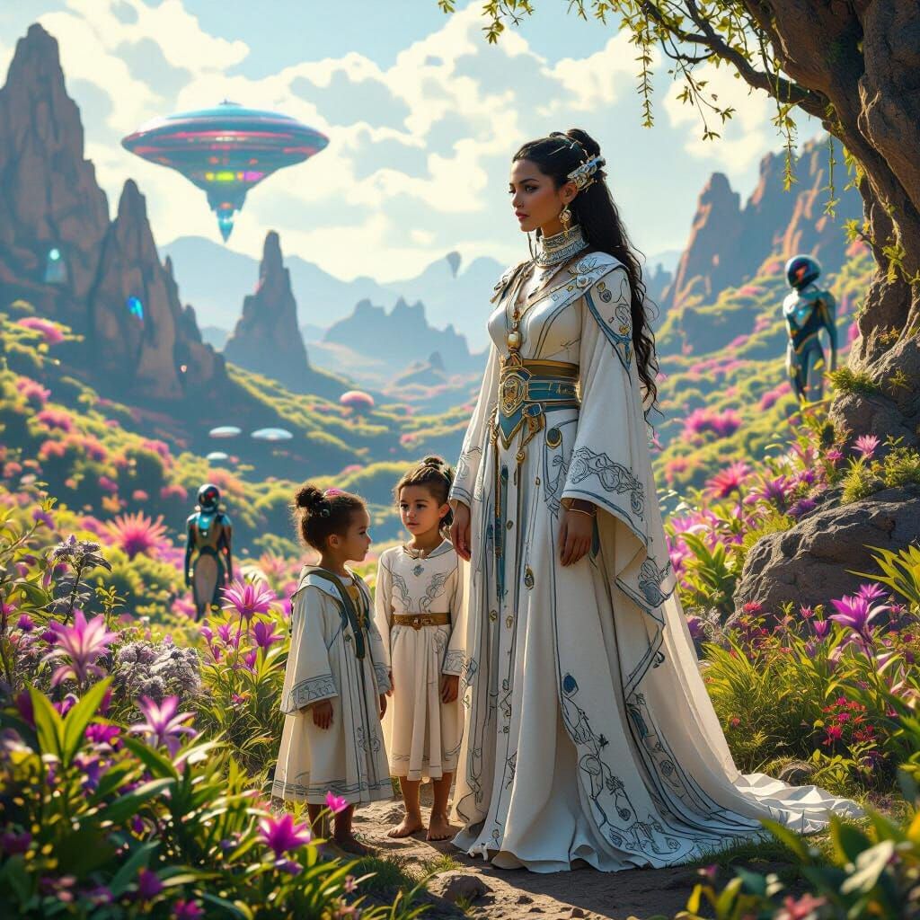 Andromedan Family on Alien Planet in Sci-Fi Style