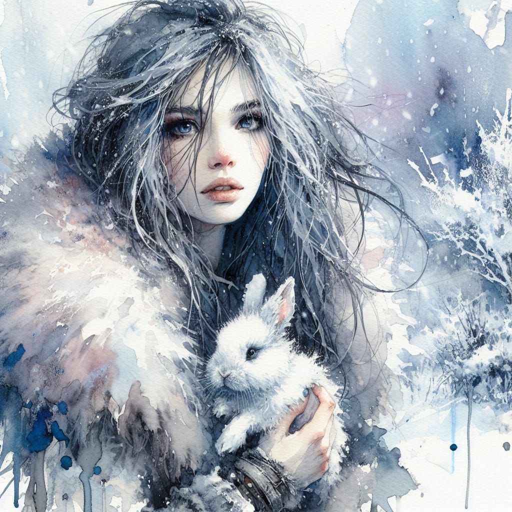 Ethereal Winter Scene with a Woman and Her Companion