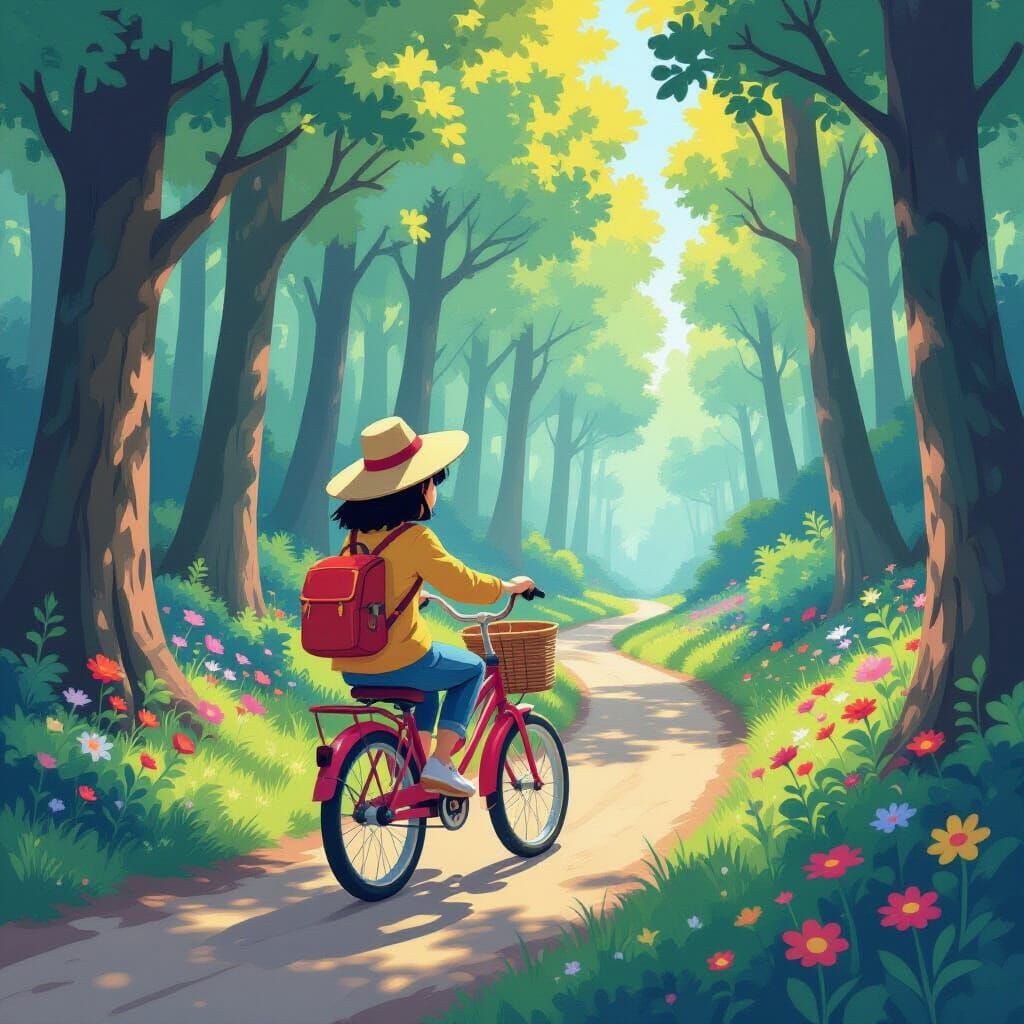 Whimsical Forest Tricycle Ride in Dreamlike Animation Style
