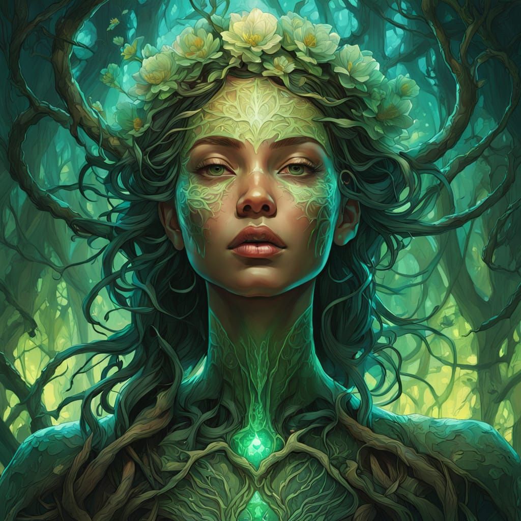 Mother Goddess of the Sacred Forest in Vibrant Emerald and G...