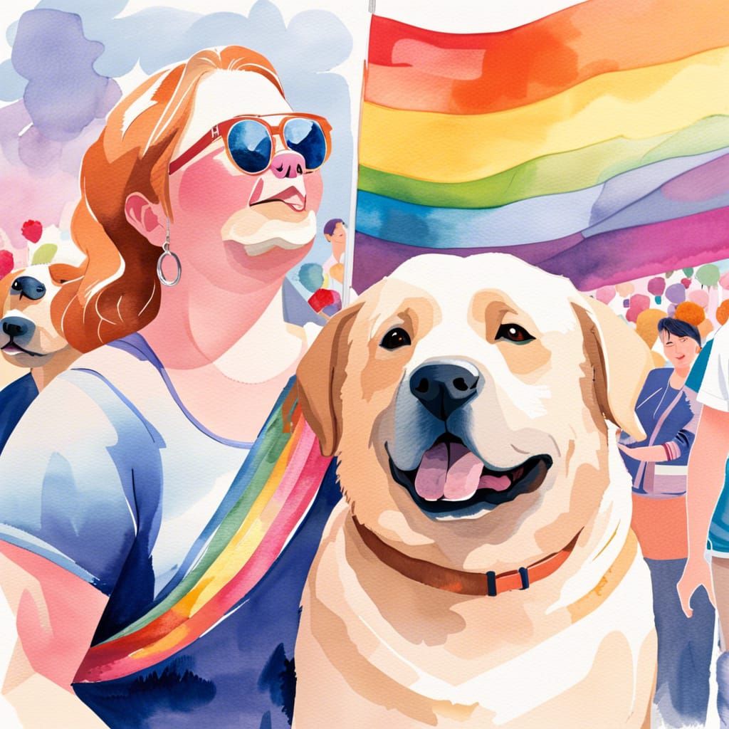 Blind Woman and Dog at Pride, Watercolor Painting