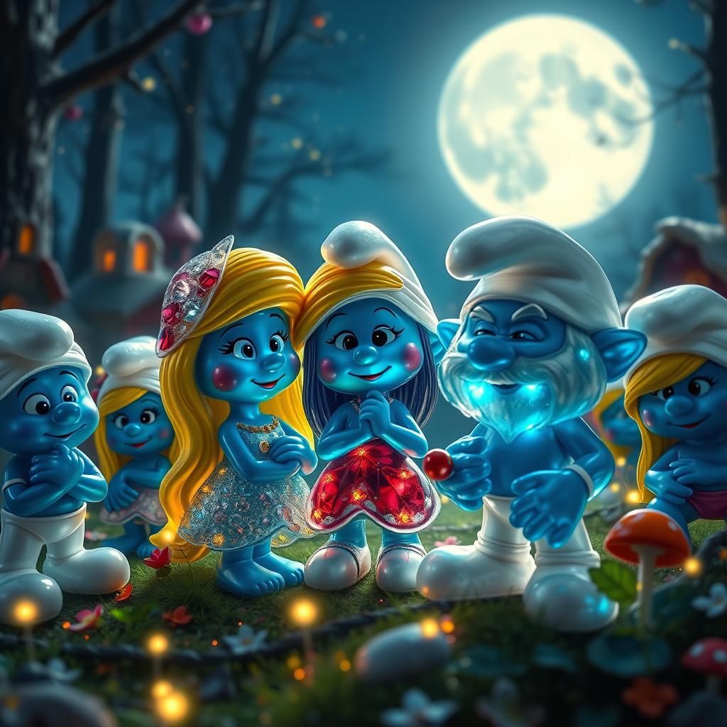 Glass Smurfs Gathering Under Moonlight: Fantasy Concept Art