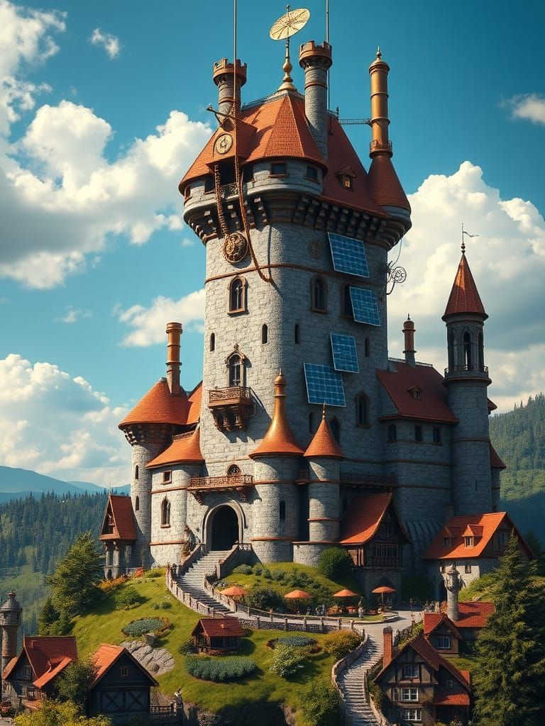 Steampunk Boot Castle with Solar Power on a Hilltop