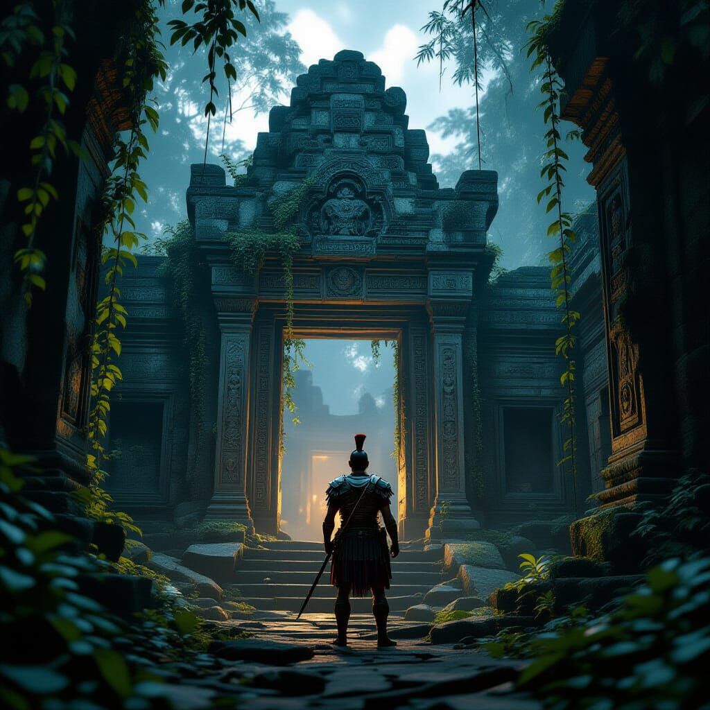 Roman Legionnaire Guards Glowing Ancient Temple