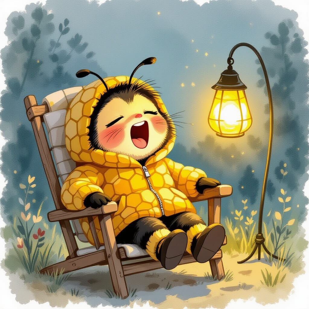 Sleepy Bee in Cozy Chair: Watercolor Illustration