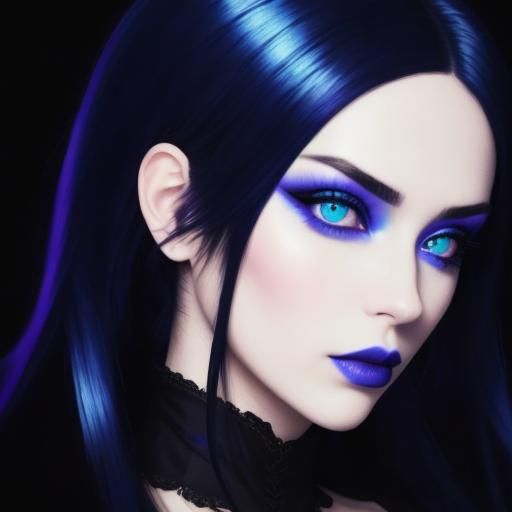 Beautiful gothic young lady with long dark blue hair with neon blue hair highlights and blue eyes with neon blue eyeshad...