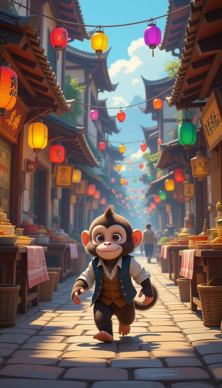 Monkey in Waistcoat in Vibrant Anime Alleyway Scene