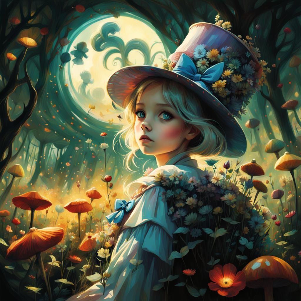 Alice in Wonderland: Enchanted Meadow, Dreamlike Illustratio...