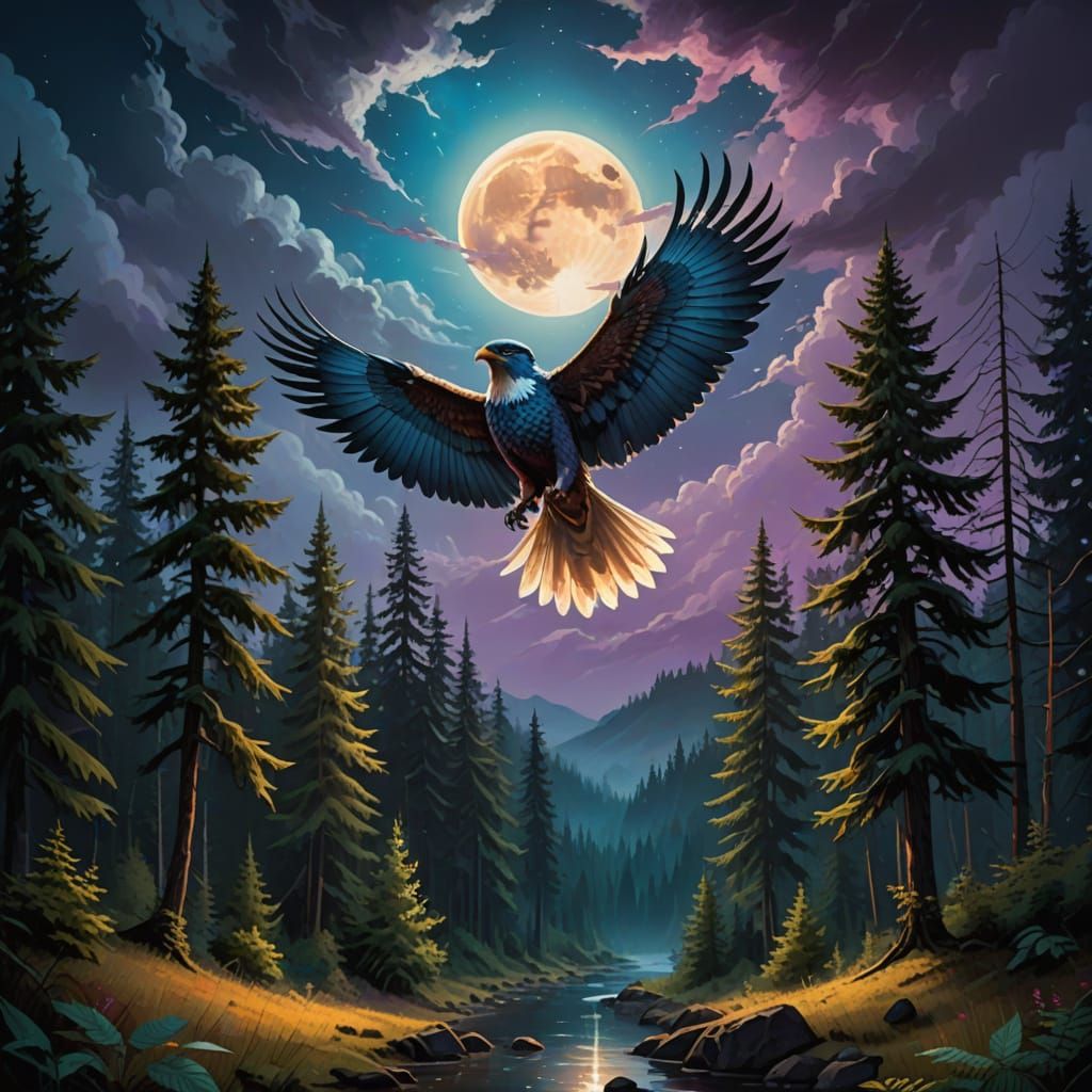 Majestic Thunderbird soars under Oregon forest moon