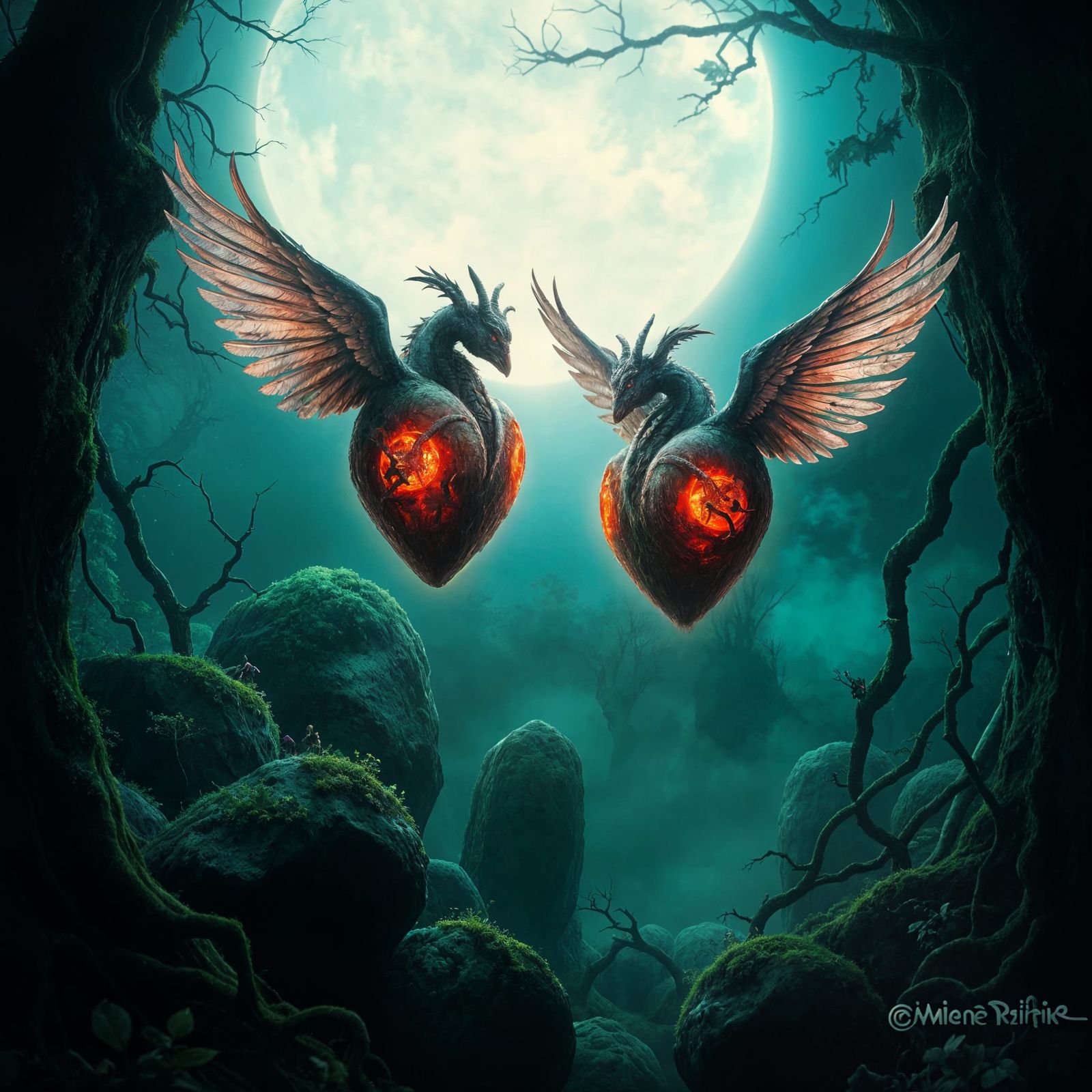 Mythical Dragon Hearts Soar in Emerald Night