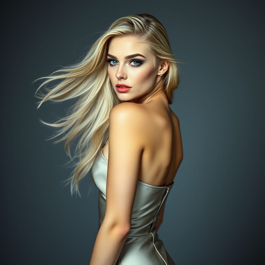 Blonde Supermodel Glances Over Shoulder in High Fashion