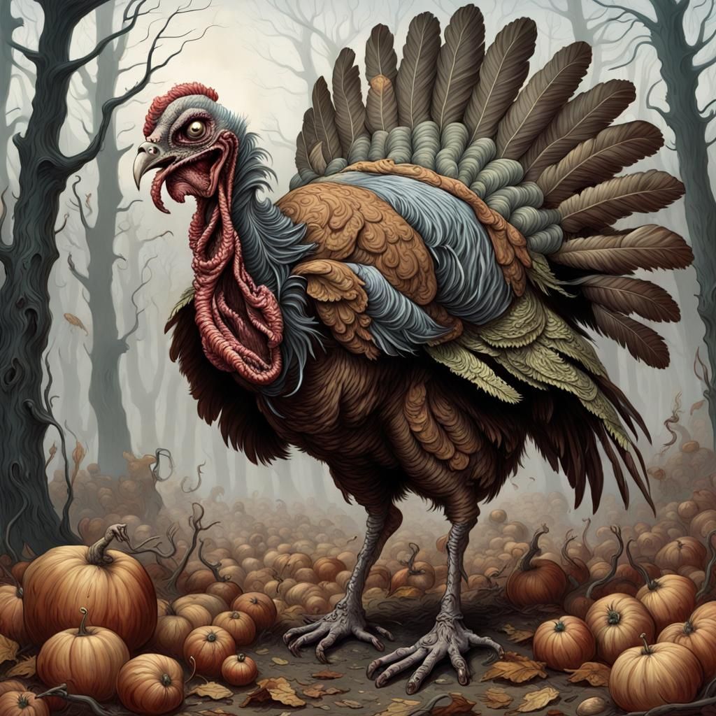 Horrific Zombie Turkey in Detailed Horror Style