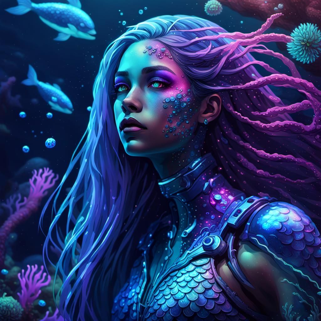 Cyborg Mermaid in Sunken Cyberpunk Submarine