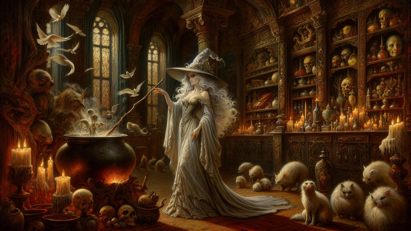 Ancient White Witch Brewing Potion in Shadowy Chamber