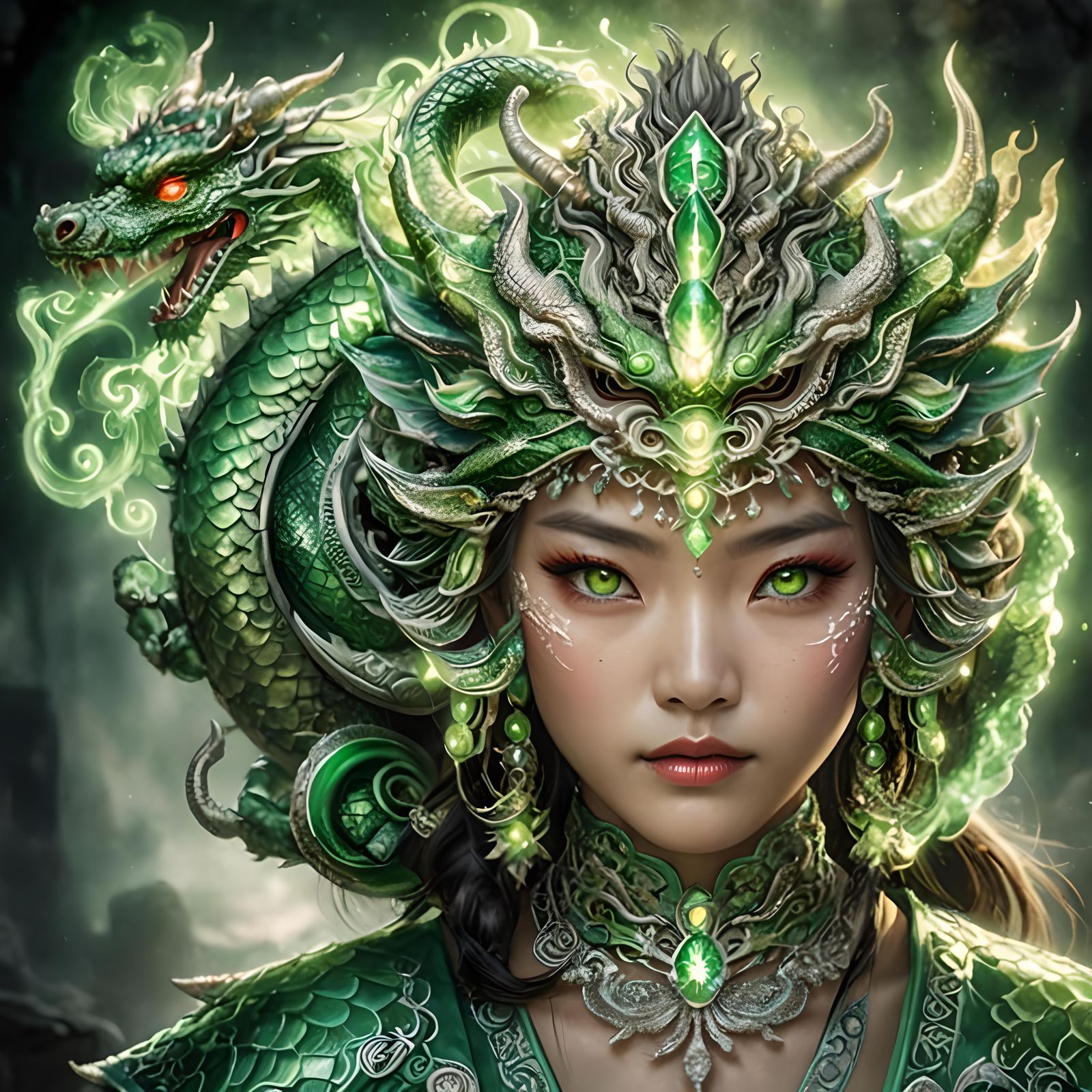 Beautiful Chinese Woman with Dragon Headdress, Hyperrealisti...