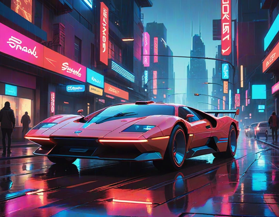Neon Racecar Speeding Through Rainy Cyberpunk City