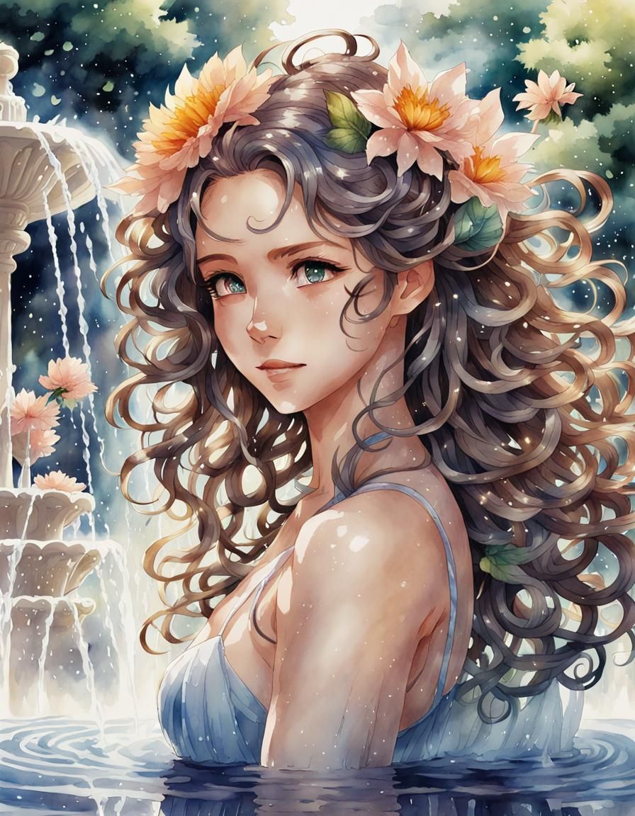 Anime Girl with Flower Fountain in Hair