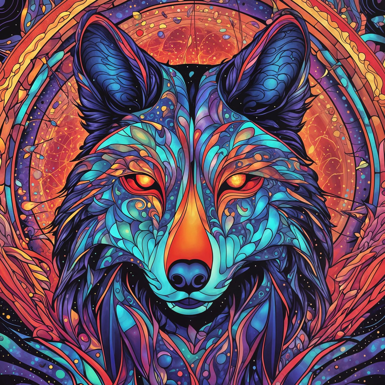 Psychedelic Anthropomorphic Wolf Dancing in Nebula