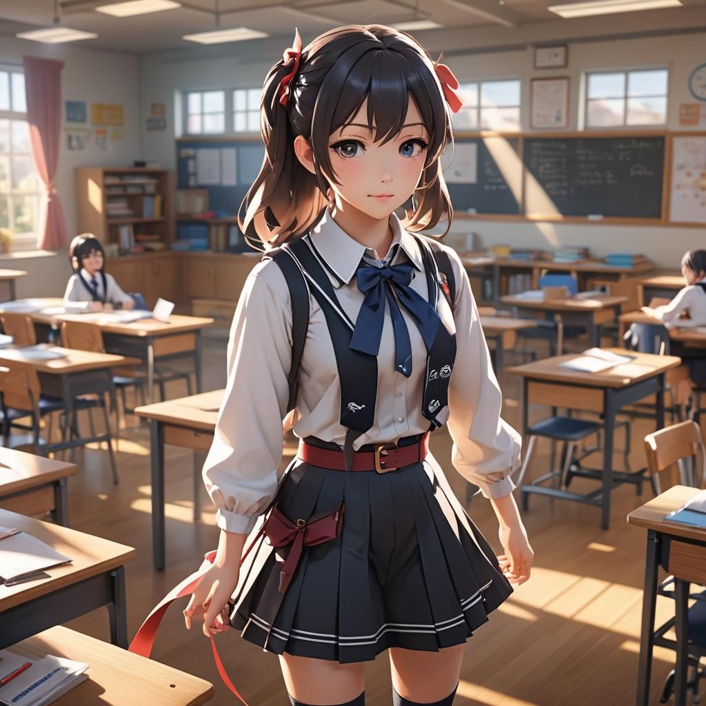 Anime Schoolgirl in Classroom: 3D Artstation Style