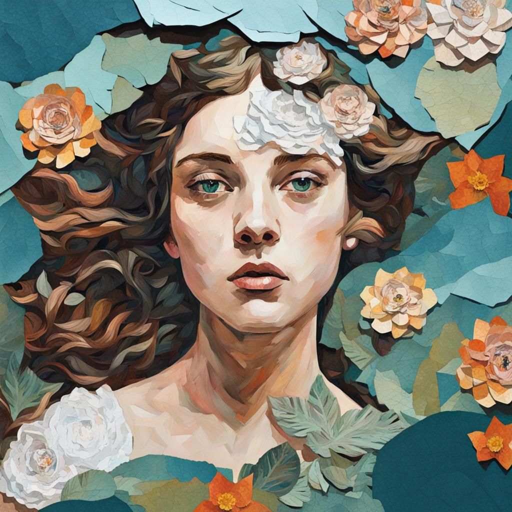 Ophelia in the paper collage style of Hannah Koch