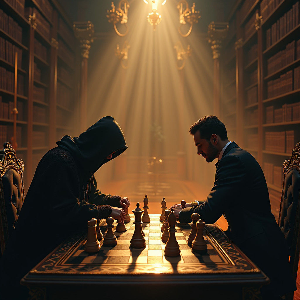 Dramatic Chess Scene in Ornate Library