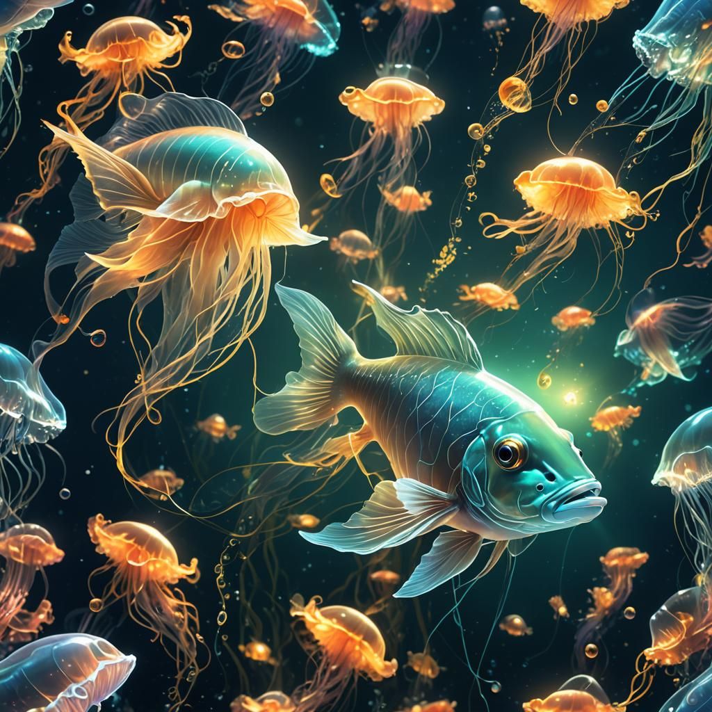 Glowing Transparent Fish in Bioluminescent Ocean