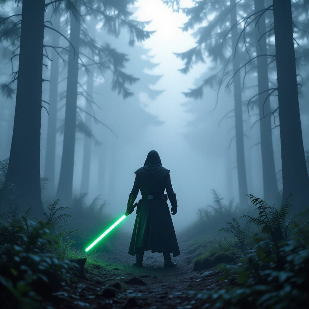 Luke Skywalker in Foggy Forest with Lightsaber