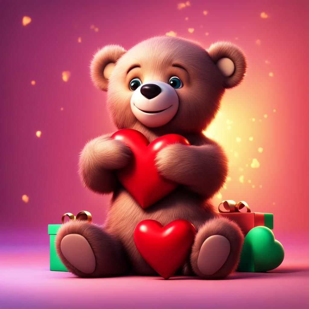 Adorable Christmas Bear Cub Holding Heart: 3D Digital Art