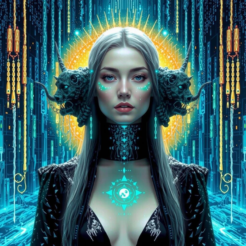 Glitched Goddess in Digital Abyss