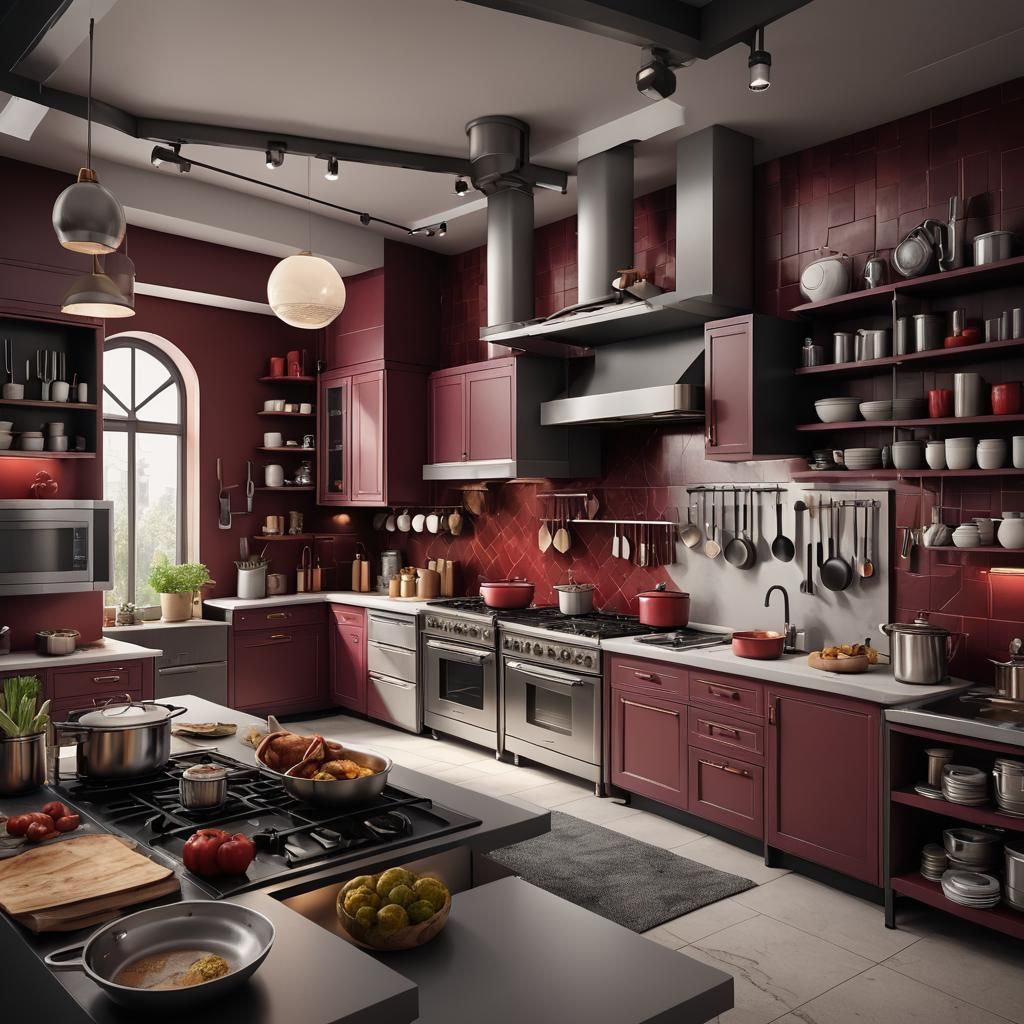 Elegant Maroon Kitchen: Modern Fantasy Concept Art