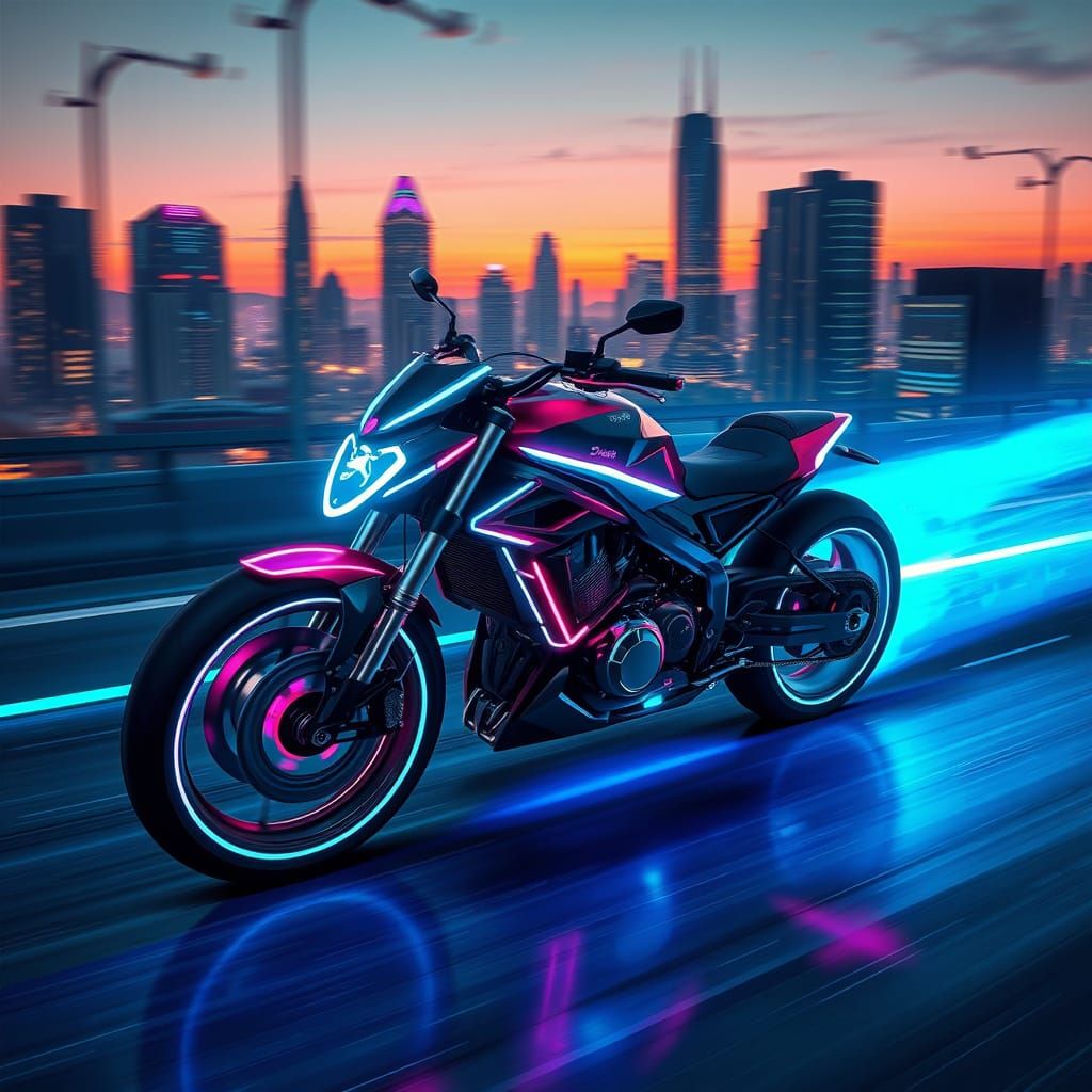 Futuristic Tron Motorcycle Zooms Through Neon Cityscape