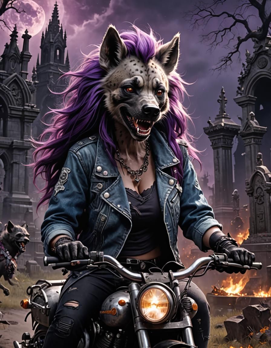 Furry Hyena Rides Motorcycle Through Gothic Graveyard