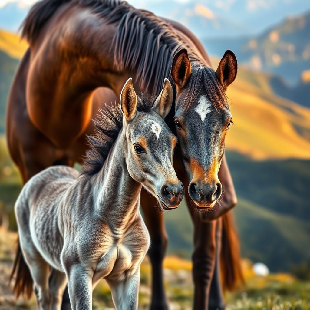 Majestic Grey Foal and Mother in Serene Mountain Landscape