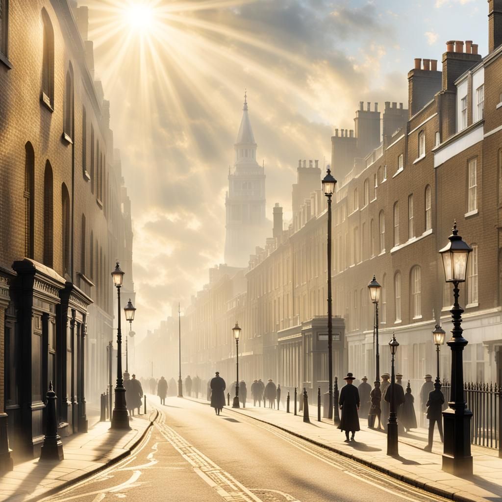 Misty 1880s London Street with Divine Sunlight