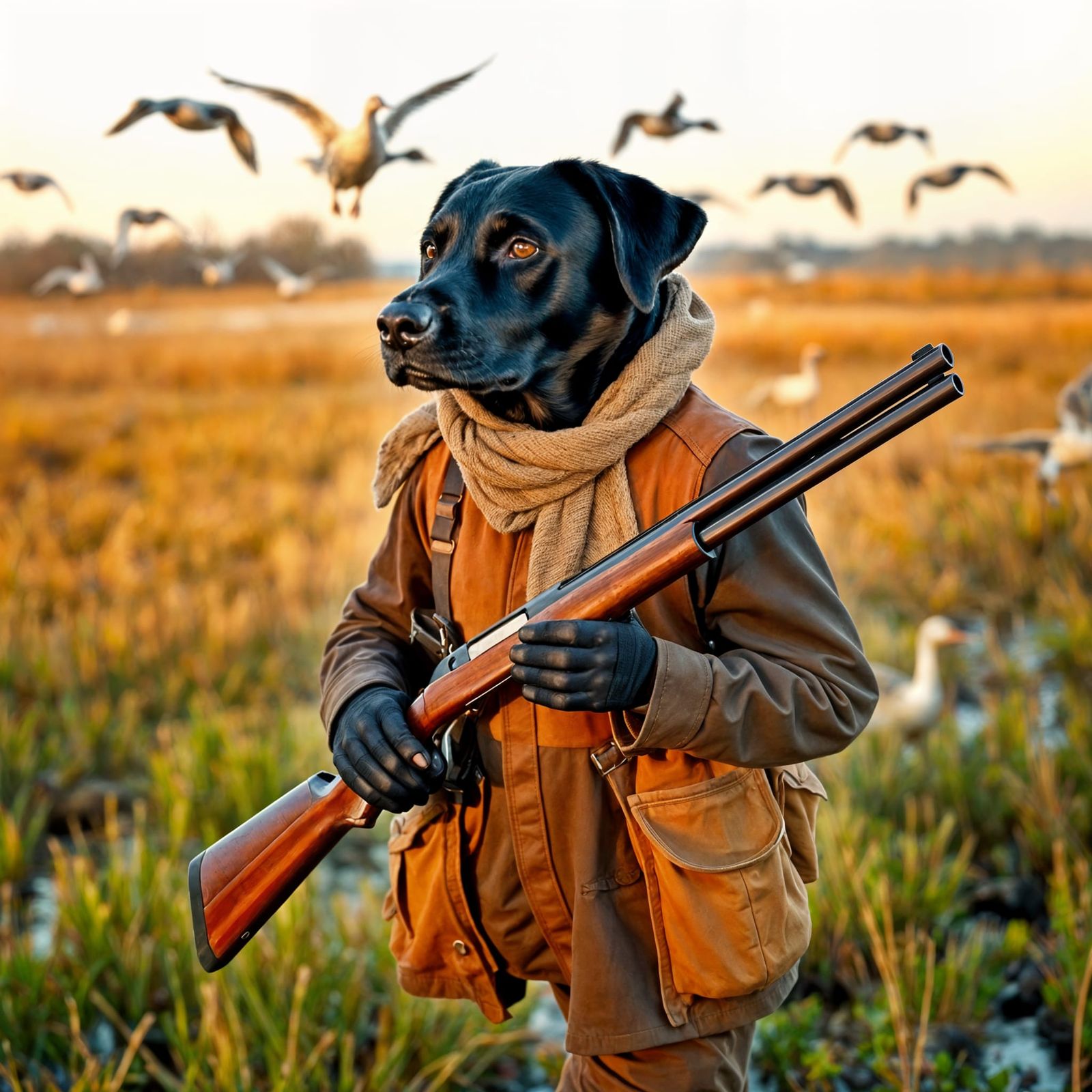 Hunter with Labrador and Flock of Geese in a Marshland Lands...