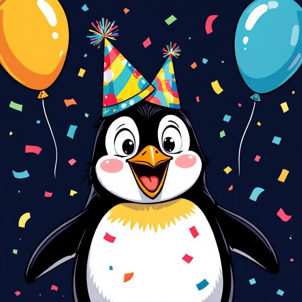 Surprised Penguin Birthday Cartoon in Bold Style